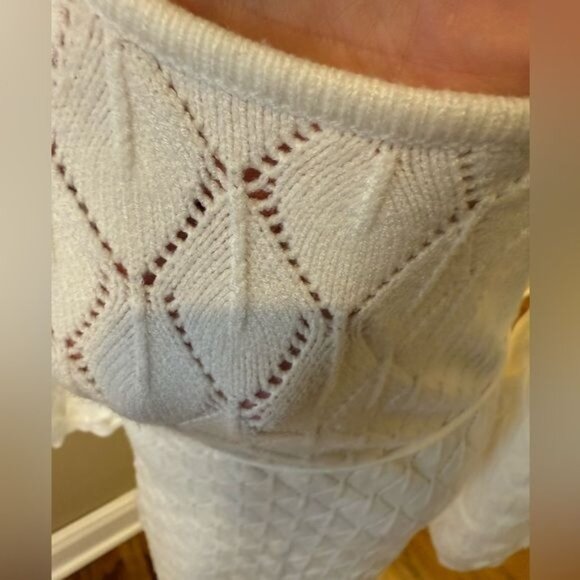 Scoop Back Open Knit Dress Size XL Ivory Maxi Balloon Sleeves Belt Bridal - Picture 8 of 13